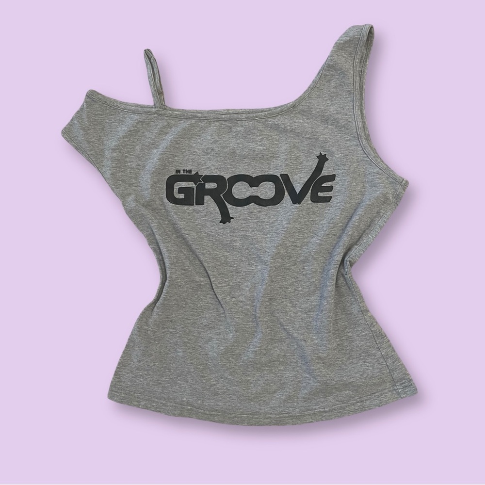 “ONLY” Women's y2k Gray Off-Shoulder Top With a GROOVE Graphic Design